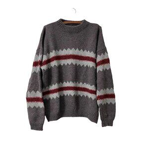 Mens Gray Blue Maroon Geometric Chunky Wool Knit Pullover Sweater Size XLarge